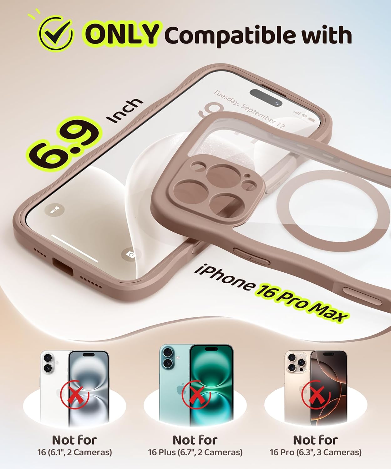 BERFY for iPhone 16 Pro Max Case for Women Girls, [Compatible with MagSafe][Built-in Glass Screen Protector and Camera Protection] Cute Wave Clear Full Body Phone Case for iPhone 16 Pro Max 6.9",Brown - Image 7