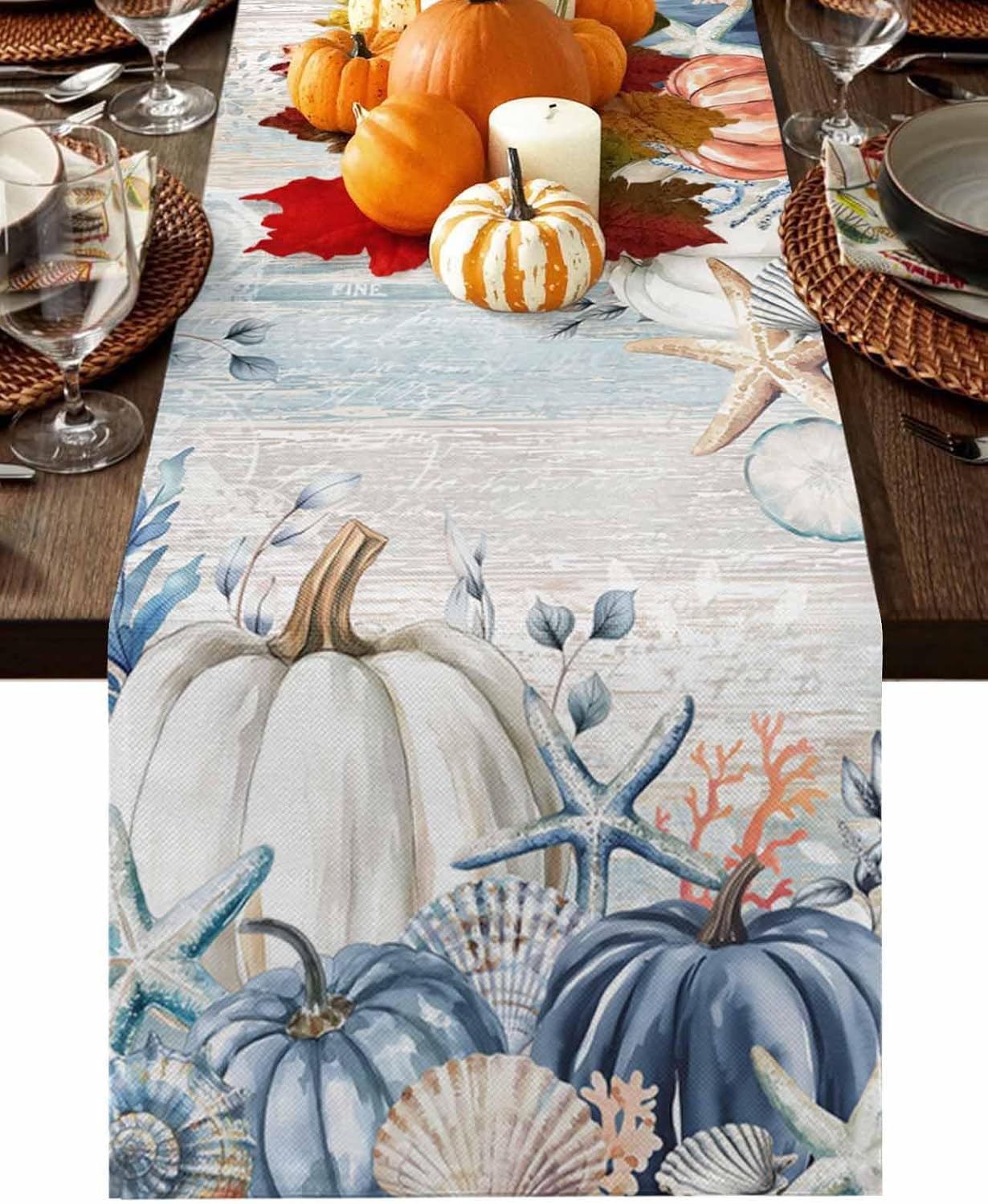 Blue Coastal Fall Table Runner 120 Inches Long, Thanksgiving Pumpkins Farmhouse Dress Scarves, Starfish Botanical Dining Tablerunner for Coffee Table/Kitchen Island/Party Décor, 13" x 120"
