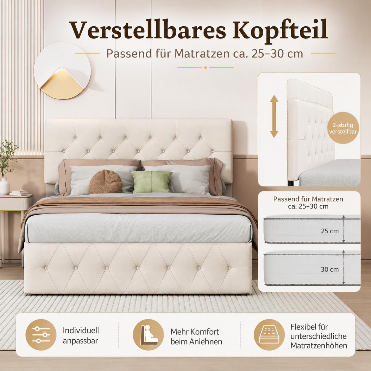 Letto imbottito140x200cm, letto matrimoniale con contenitore idraulico e testiera regolabile, Moderno Letto una piazza e mezza con vano portaoggetti, senza materasso