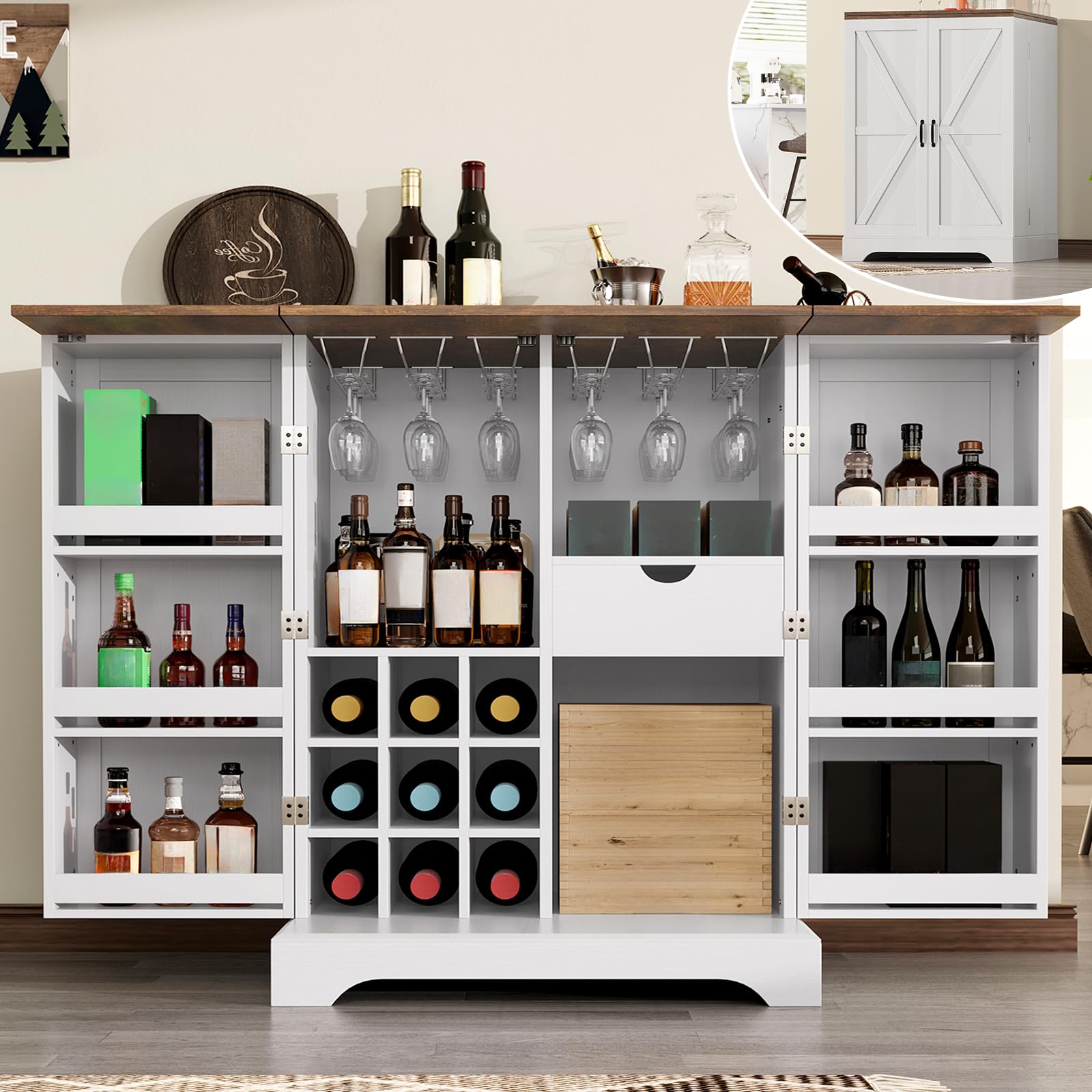 61" Farmhouse Bar Cabinet with 9 Wine Racks, Folding Storage Wine Liquor Cabinet, Expandable Coffee Bar Station with Drawer, Mini Bar, Home Bar for Kitchen Dining Room, Rustic White
