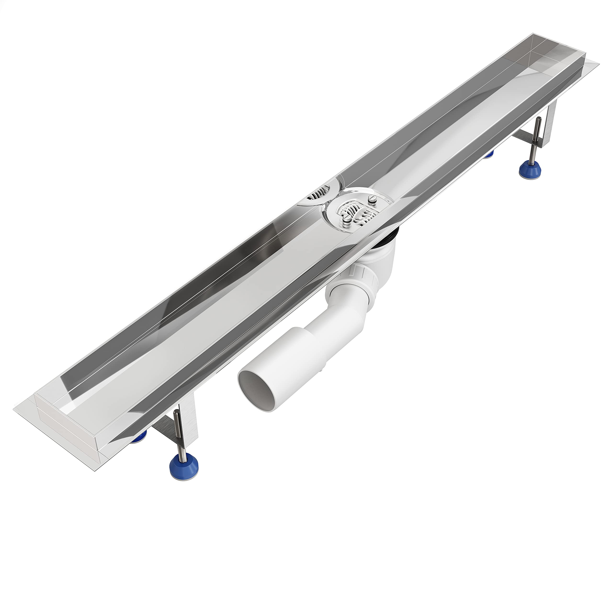 SET completo - Canalina Doccia lucida 120 cm AQUABAD® SDS Premium in acciaio inox, incluso il setaccio per capelli, Domoplex l'uscita orizzontale, il coperchio piastrellabile e il set di base