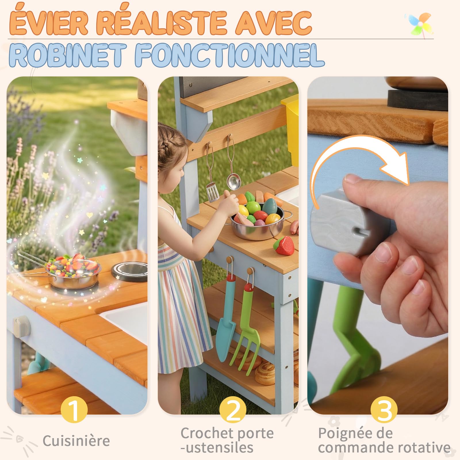 LEADZM Cuisine en Bois Enfant Extérieure avec Bac à Plantes, Jeux en Plein Air Cuisine avec Évier, Pots de Fleurs, Robinet, Cuisinière, Convient aux Enfants de 3 Ans et Plus, Bleue