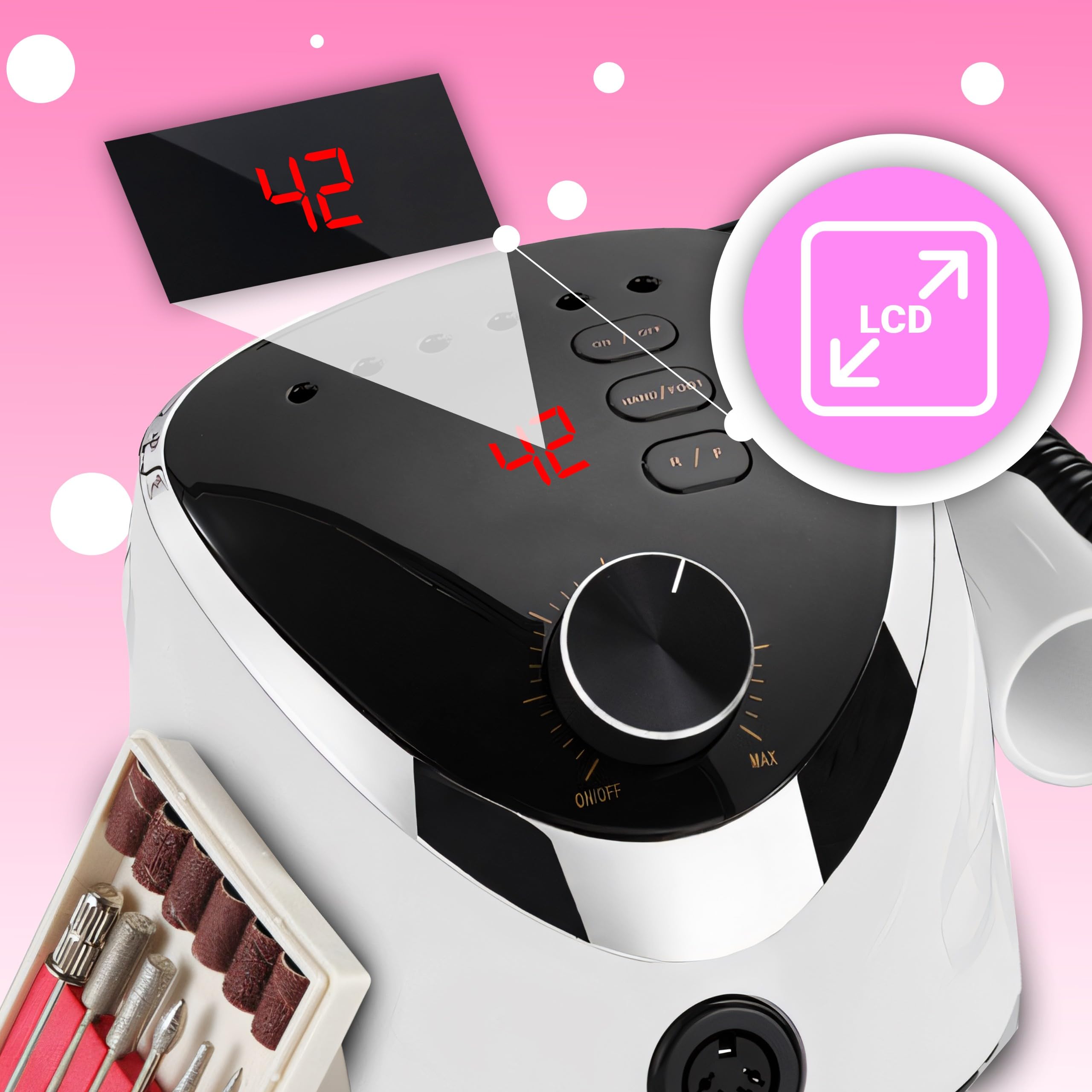 Retoo Fresa per Unghie 35000 giri/min, 6 Testine Di Levigatura, Fresa elettrica lima professionale con display a LED, fresa in gel, callo, rimozione manicure, pedicure, velocità regolabile, nero