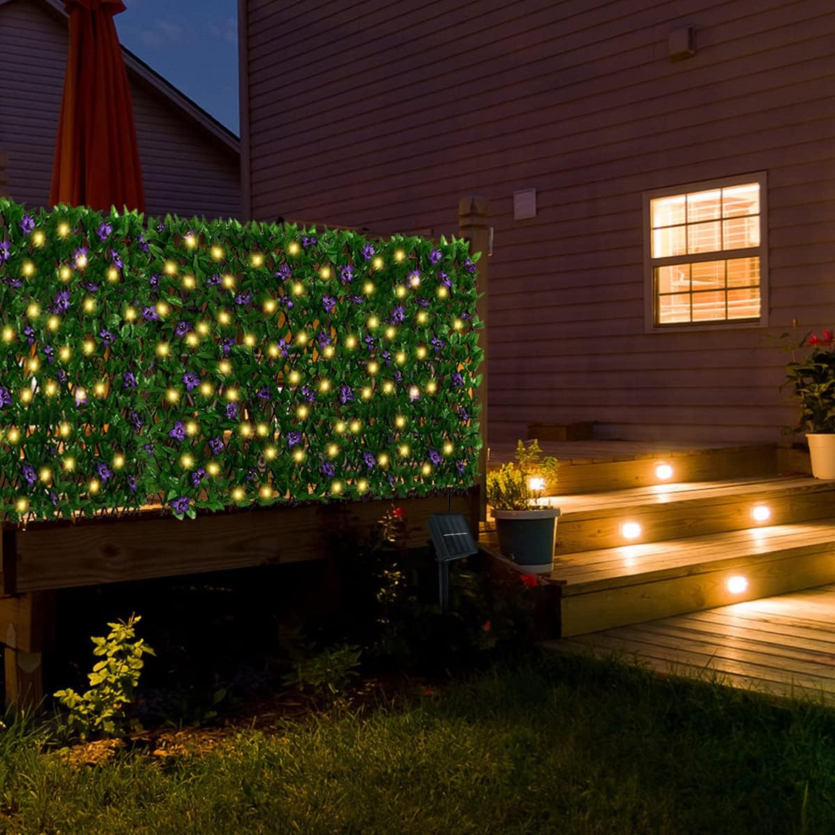 Expandable Fence with Solar String Lights, Ivy Privacy Fence, Waterproof Artificial Leaf Privacy Fence, Faux Trumpet Flower Fence Screen, Violet Hedges Backdrop Decor for Patio, Garden