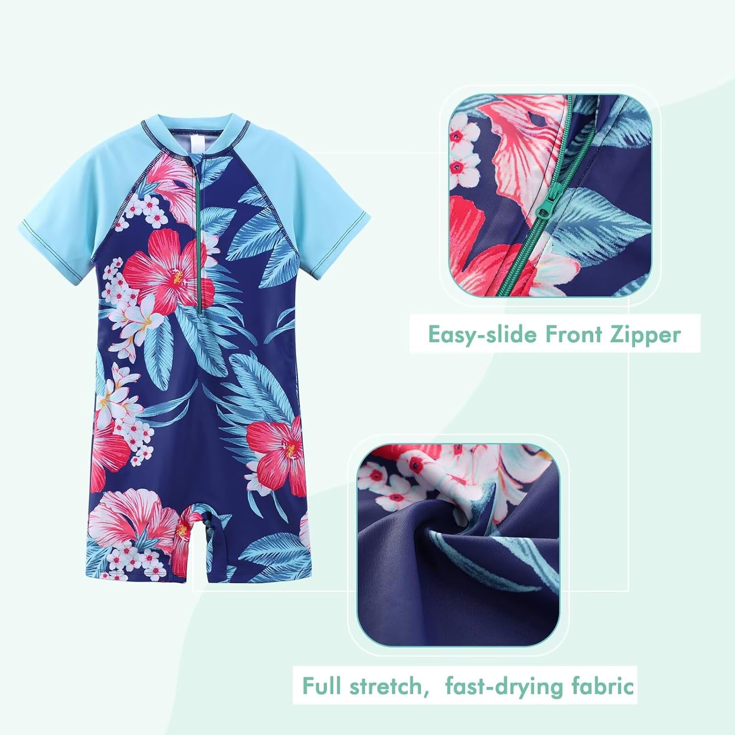 Girls Short Sleeve Rash Guard One Piece Swimsuits Zipper Front Bathing Suit Sun Protection 3-16 Years - Image 3