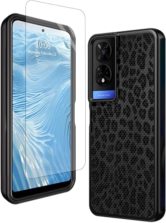 for TCL 50 XE 5G Phone Case T614D 6.56" 2024 with Tempered Glass Screen Protector Black Leopard Print Heavy Duty Protection Dual Layer Soft TPU & Non-Slip Textured PC Back Cover Case for TCL 50XE 5G