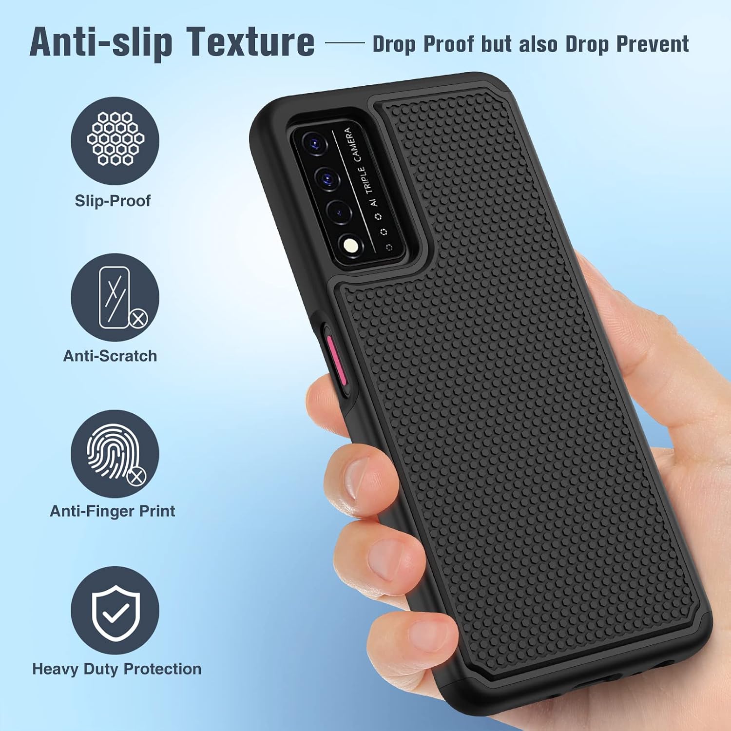 JXVM for T-Mobile REVVL V+ 5G Case: Dual Layer Protective Heavy Duty Cell Phone Cover Shockproof Rugged with Non Slip Textured Back - Military Protection Bumper - 6.82inch (Black Black)