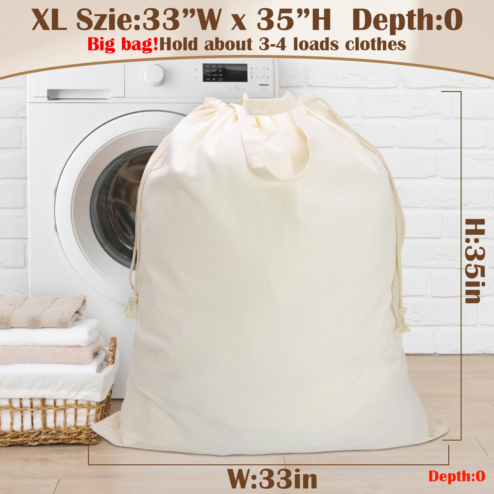 Bolsa de lavandería de lona, extra grande, resistente, 83 cm de ancho x 89 cm de alto, beige, paquete de 2