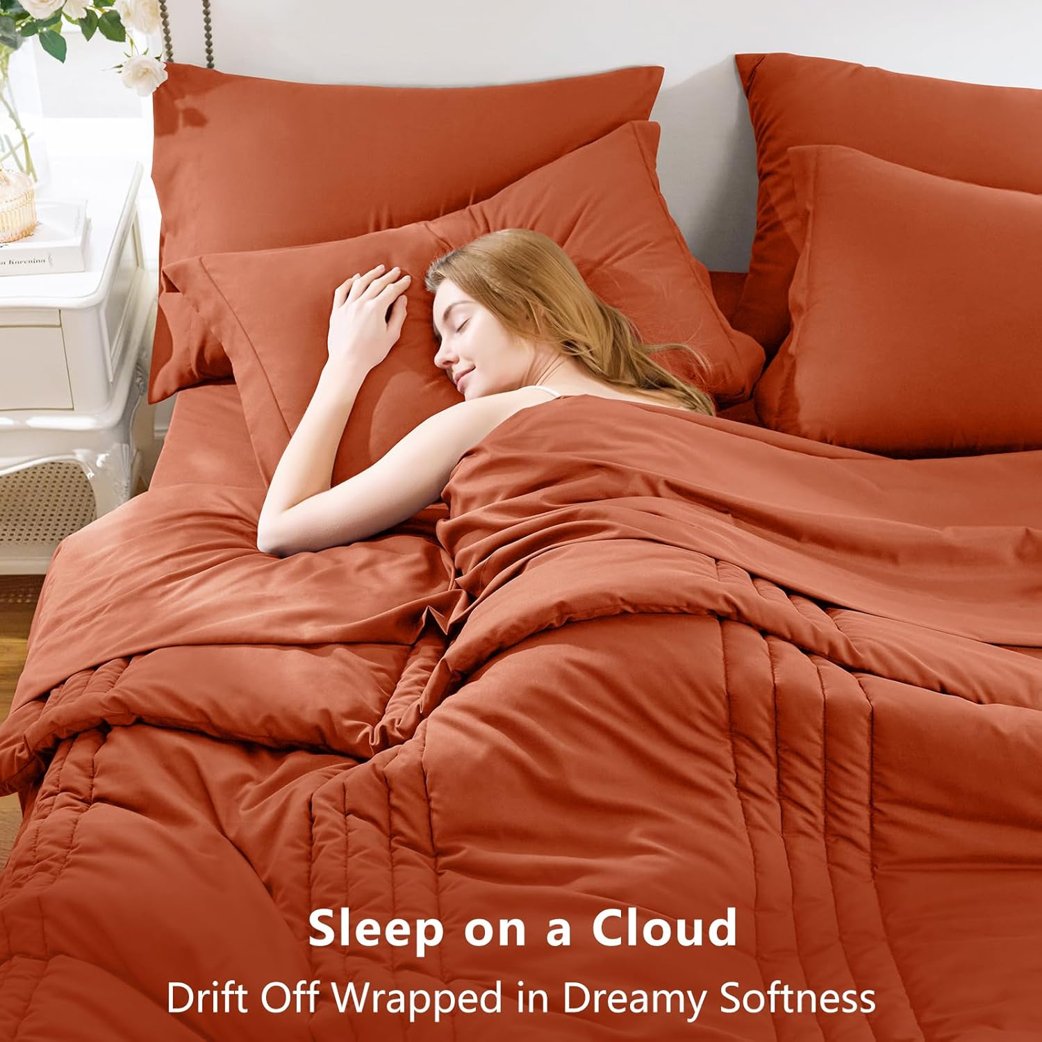 CozyLux Queen Size Comforter Sets - 7 Piece Bed in a Bag Terracotta Comforter Set with Sheets Queen Bed Set All Seasons, Bedding Set with Down Alternative Comforter, Sheets, Pillowcases & Shams - Image 3