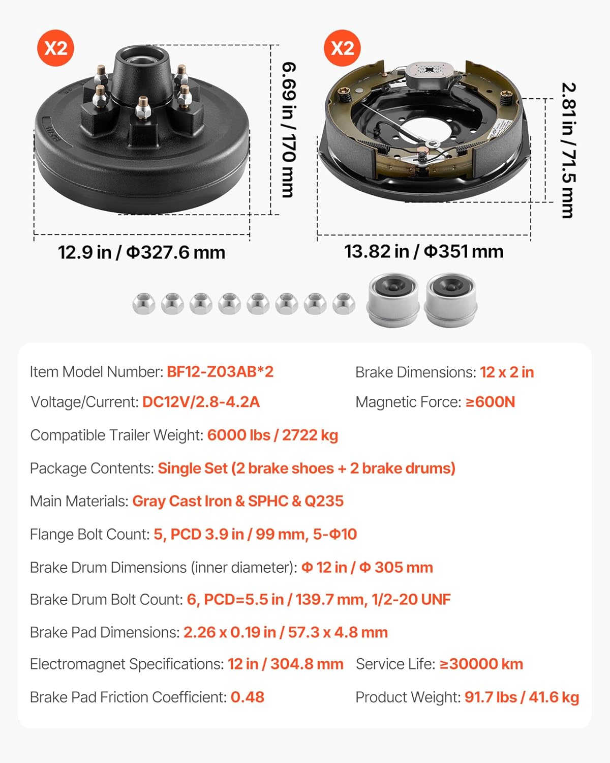 VEVOR Electric Trailer Brake Assembly, 12 x 2 Inch, 1 Pair Self-Adjusting Electric Brakes Kit for 6000 lbs Trailer Axle, Backing Plates for Braking System Part Replacement, Fit for Trailers, RVs