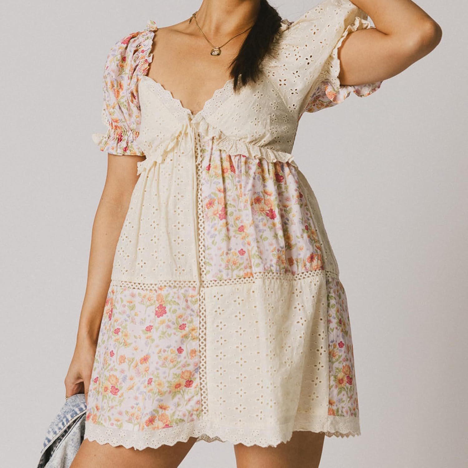 Women Floral Patchwork Babydoll Dresses Puff Sleeve V Neck A Line Cute Mini Dress Flowy Y2k Sundress for Teens