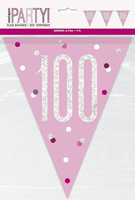 Unique 83459 Pink 100" Plastic Pennant Banner-9' Silver | 1 Pc, Age