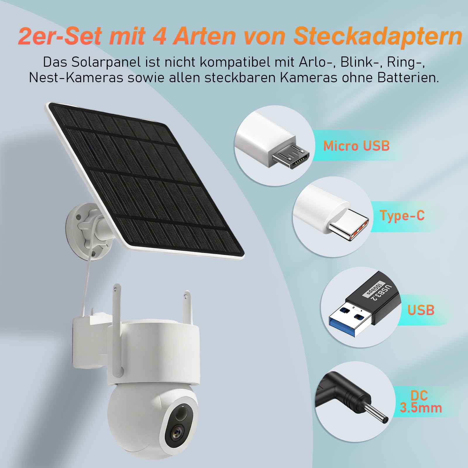 5W Solarpanel für Überwachungskamera Aussen Akku, 5V Solar Panel Kompatibel mit WYZE Battery Cam Pro, Eufy Camera und Arlo Essential/XL Spotlight Camera, Solarmodul mit Micro-USB, DC, USB-C (2 PACK)