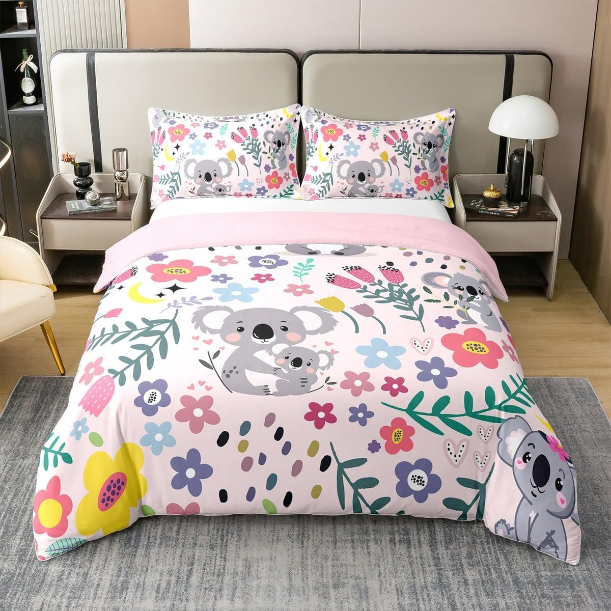 Erosebridal Twin Koala 100% Cotton Duvet Cover for Girls,Cartoon Animal Bedding for Kids Child,Lovely Koala Flower Moon Floral Comforter Cover,Groovy Style Alternative Pink Bed Sets 2pcs