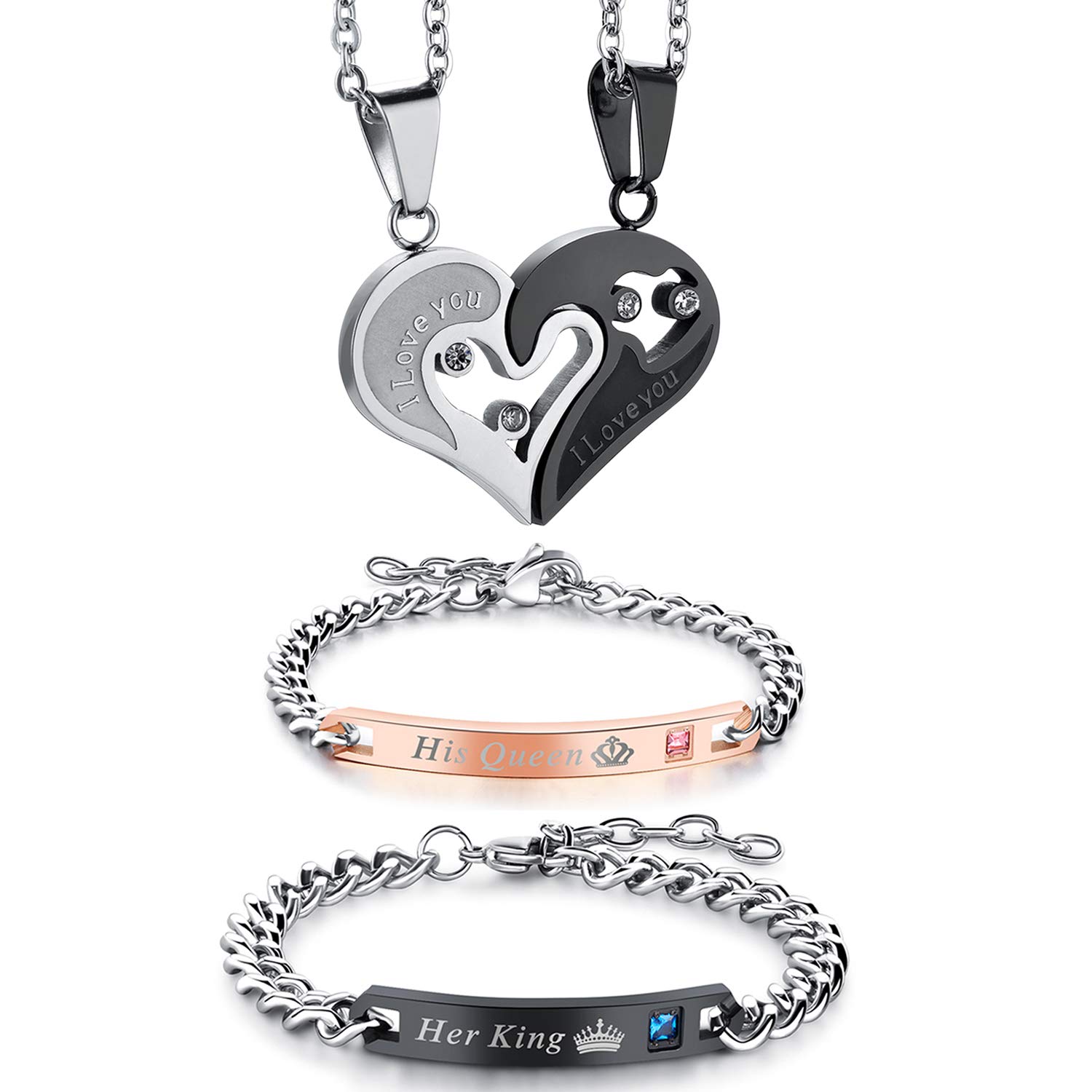 Set Collana E Bracciale Coppia OIDEA - Pendente Cuore Puzzle 'I Love You' Con Strass, Regalo Romantico
