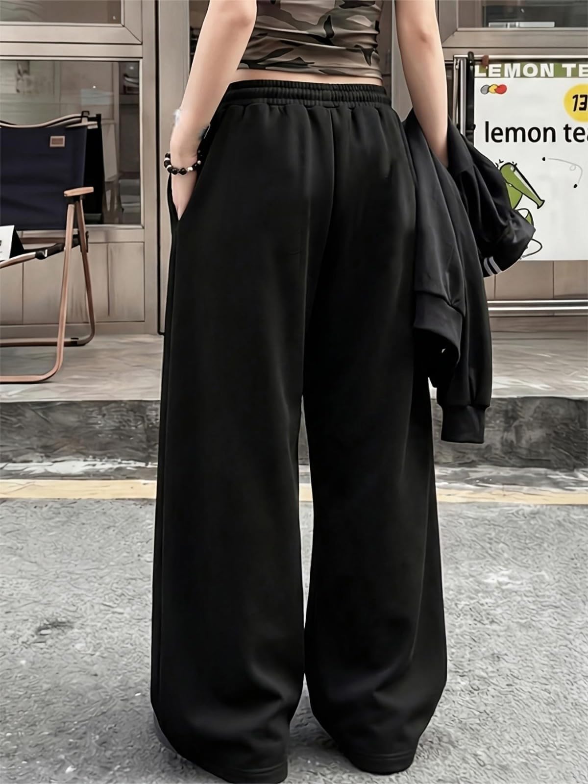 Nero Y2K Pantaloni Tuta Larga Donna Gotico Pantaloni Donna Larghi Baggy Pants Y2K Clothes, con Cinturino Regolabile per Bodybuilding, Viaggi e Feste