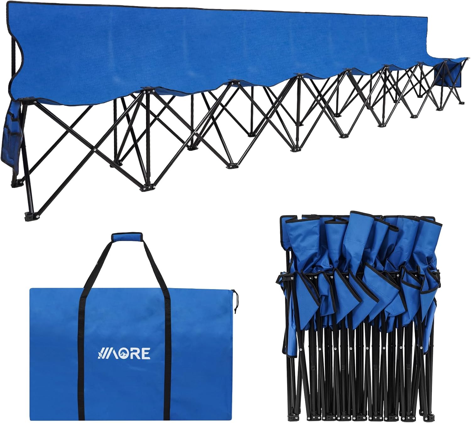 1MORE Portable Folding Bench, Foldable Sideline Bench for Team, 8 Seats Outdoor Camping Chair with Carry Bag & Backrest, Team Sport Sideline Bench for Football,Soccer, Fishing. Blue Blue With Backrest -8 seats