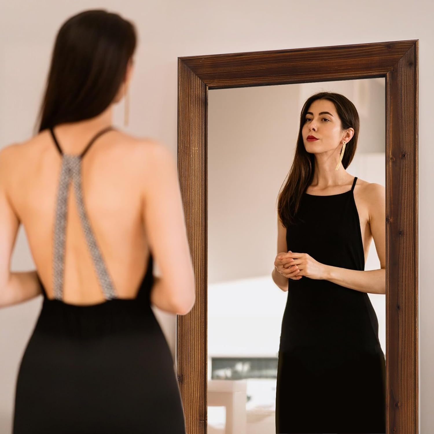 MELOMOIR Rustic Farmhouse Full Length Mirror, 64"x21" Wood Frame Floor Mirror, Free Standing Mirror Leaning Hanging Mirror, Long Mirror for Bedroom Living Room Cloakroom, Wood - Image 7