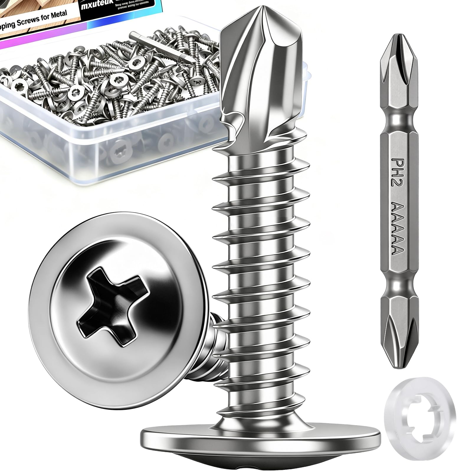 mxuteuk 230PCS #8 Self Tapping Screws for Metal,410 Stainless Steel Self Drilling Screws,1/2",5/8",3/4",1",1-1/4" Truss Head Sheet Metal Screws with Rubber Washers for Metal,Plastic,Wood(115pcs Sets) — Amazon image 9