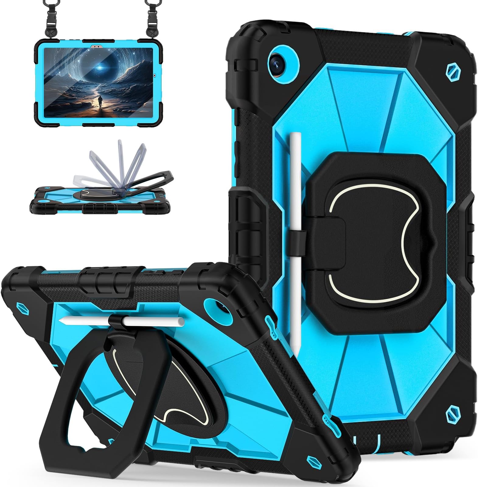 for Galaxy Tab A11+ Plus / A9+ Case 11 Inch, Rugged Case for Samsung Galaxy A9 Plus/A11+ Tablet with Screen Protector 360 Rotating Stand Shoulder Strap Pen Holder 2025/2023 Model, Black Blue
