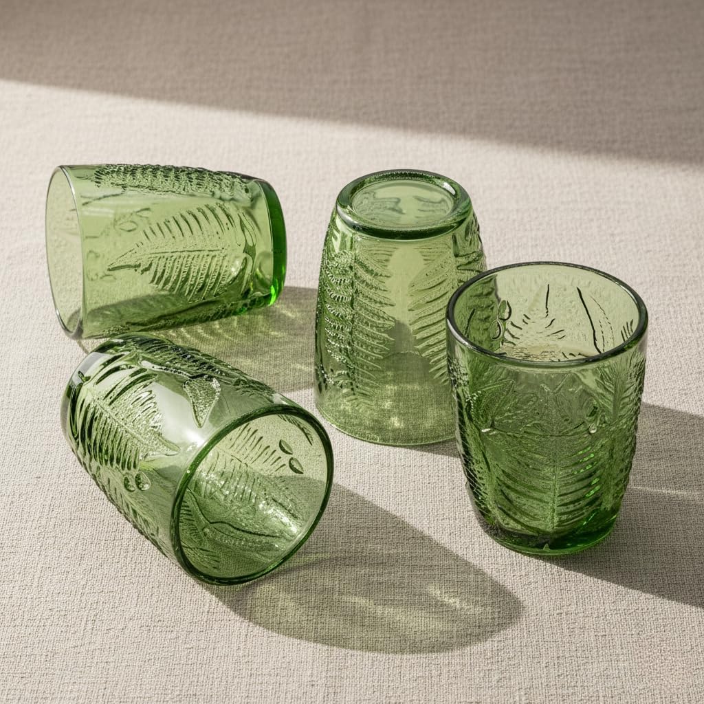 Vintage Green Drinking Glasses Set of 4, 10 oz Deep Textured Glass Cups, Fern Embossed Retro Glassware, Hand-Pressed Decorative Cocktail Tumblers, Boho Style Colored Drinkware Gift Set for Home & Bar - Image 4