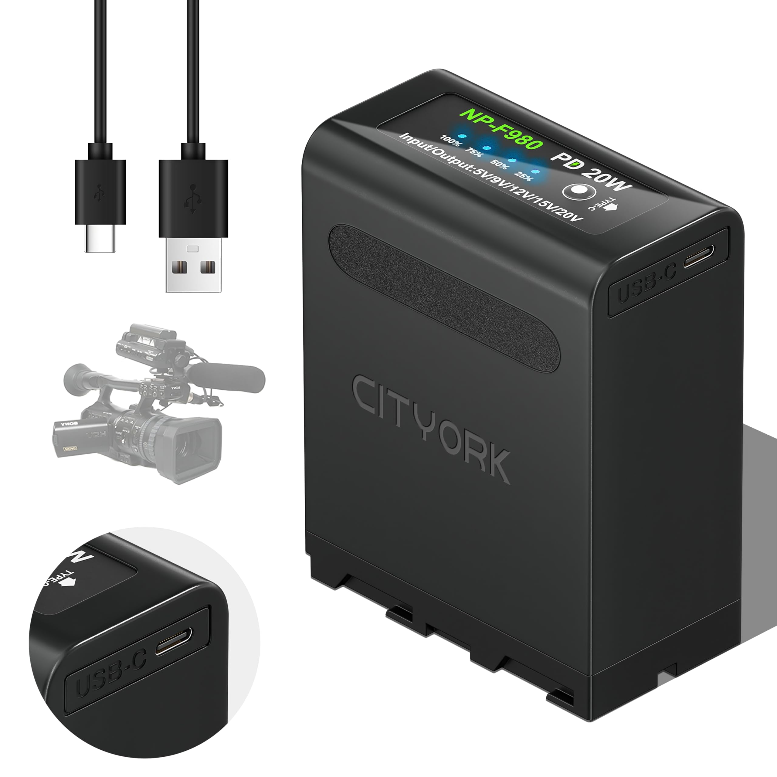CITYORK 10800mAh NP-F980 Batteria [PD 20W/Tipo-C], Batteria per Sony NP-F980 F970 F975 F960 F930 F770 F750 F730 F570 F550 F530 F330 Tutta la Sony NP-F Series, per Sony Camere, Videocamere, LED Video