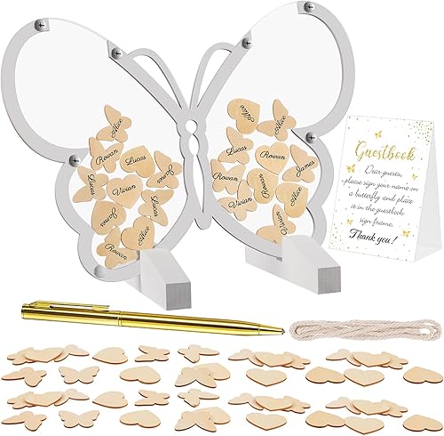 Qunclay Libro de invitados para baby shower con marco de madera alternativo de 60 fichas de corazón, libro de inicio de sesión para baby shower,