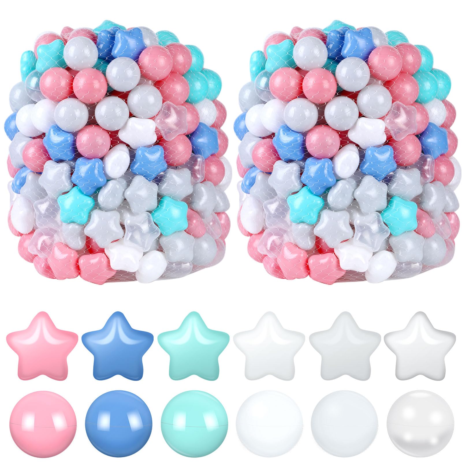 Meooeck 600 Pcs Star Balls Plastic Balls Children's Toy Balls Proof Ocean Balls for Baby Toddlers, Soft Plastic Balls for Ball Pool Play Tent Birthday Party Pool, 2.17 Inch (Classic Colors)