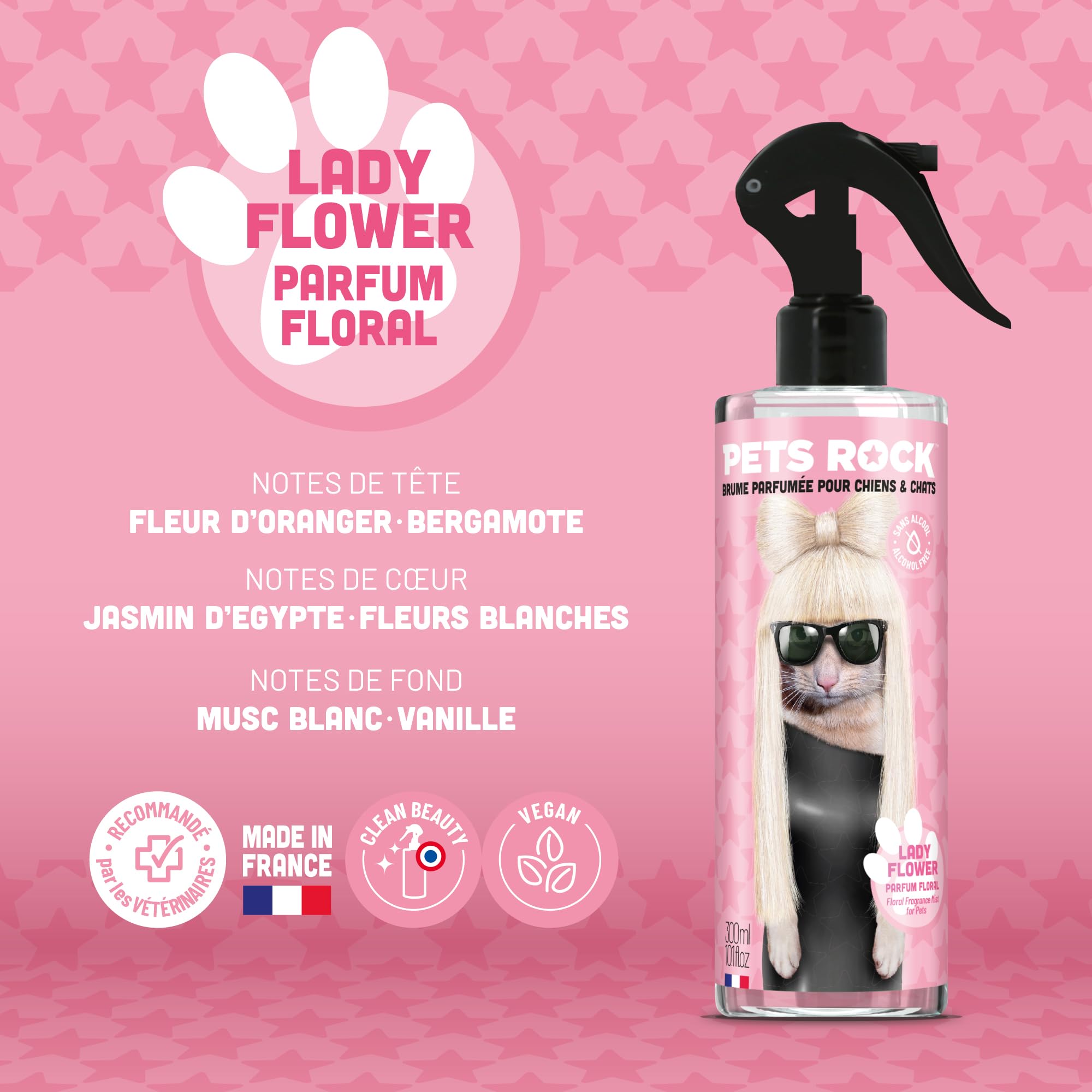 PETS ROCK | Lady Flower | Brume parfumée pour chien et chat 300ML - Neutralise les mauvaises odeurs