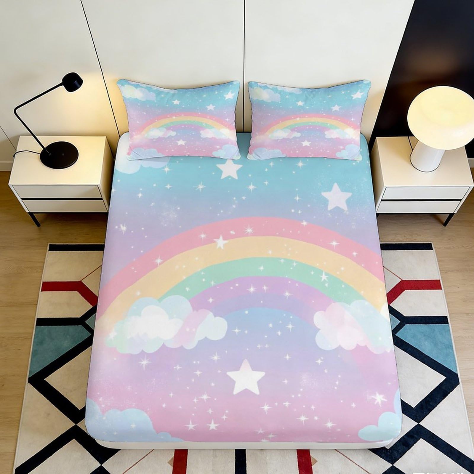 3D Printed Pastel Rainbow Fitted Sheet Microfiber Soft Star Cloud Mattress Cover for Bedroom Guest Room Decor 90x200x25cm