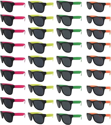 Gafas de sol de neón a granel para niños y adultos, paquete de 48 lentes de sol de color verde, rosa, amarillo, naranja, para graduación, Mardi