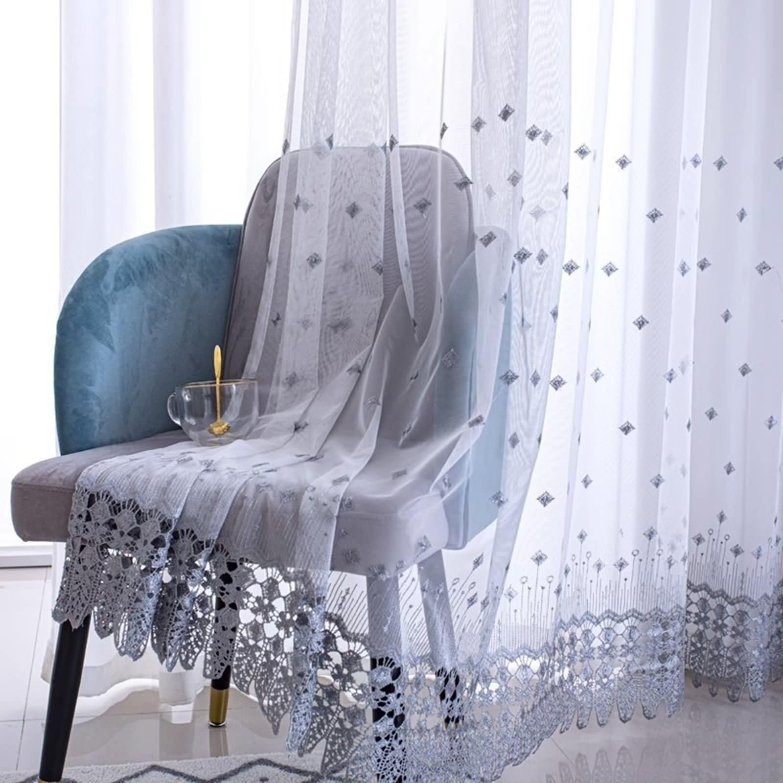 Rideau Voilage Gris Broderie, Dentelle à Crochets, 102x138cm, Lot de 2 Rideaux Chambre Moderne