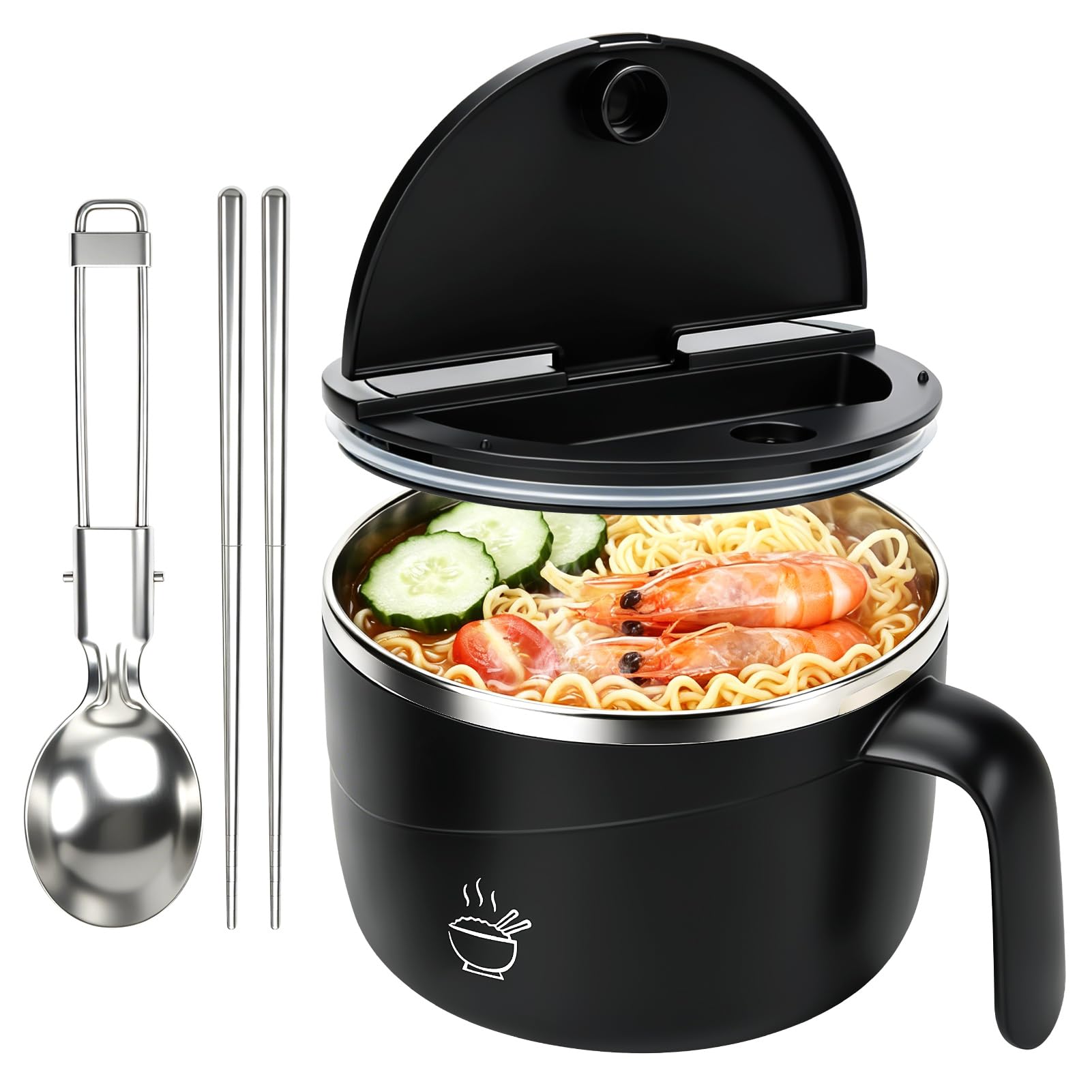 Cumdel Instant Noodle Bowl with Lid, 1200ml Stainless Steel Noodle Bowl with Fork Chopsticks, Ramen Bowl with Handles & Drip Hole, Dishwasher Safe Portable for Home Dorm Office (Black)