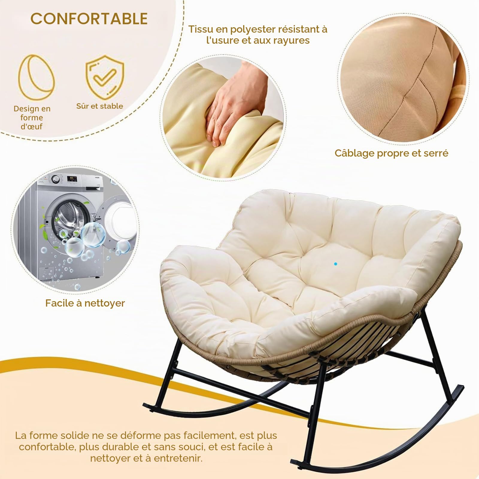 Coussin de chaise à bascule imperméable - Pour le salon - Confortable - Pour l'extérieur et l'intérieur - Coussin pour fauteuil papasan - Double - Pour jardin, terrasse - Noir