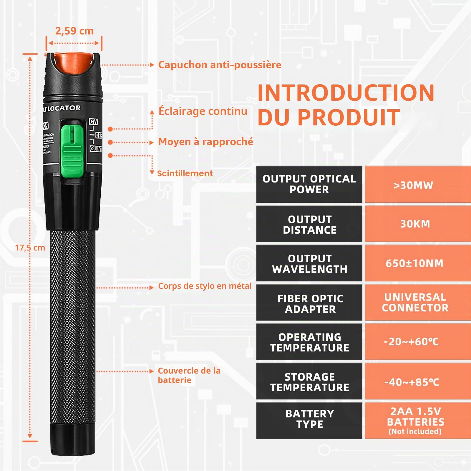 2 kits de localisateur visuel de défauts 30 MW, testeur de câble à fibre optique 30 km pour l'ingénierie des télécommunications CATV, testeur de fibre VFL adaptant l'interface FC/SC/ST de 2,5 mm