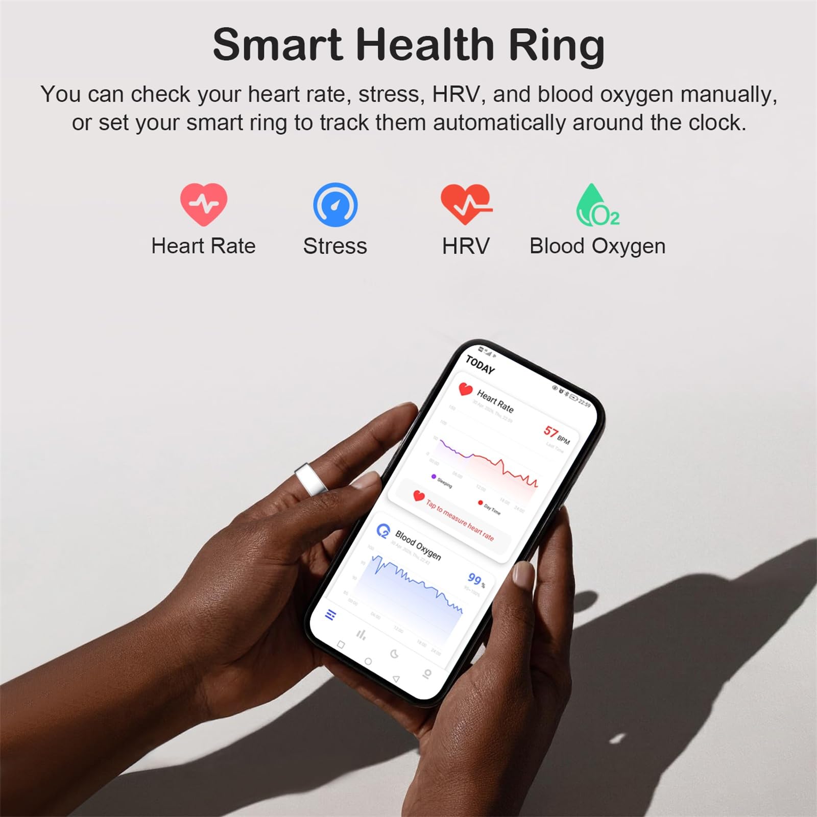 Smart Ring für Damen Herren, Smart Ring Fitness Tracker, Fit Ring mit Schlafüberwachung, Herzfrequenz, Schrittzähler, Langlebige Akkulaufzeit, Keine Abonnementgebühr, Android & iOS Kompatibel