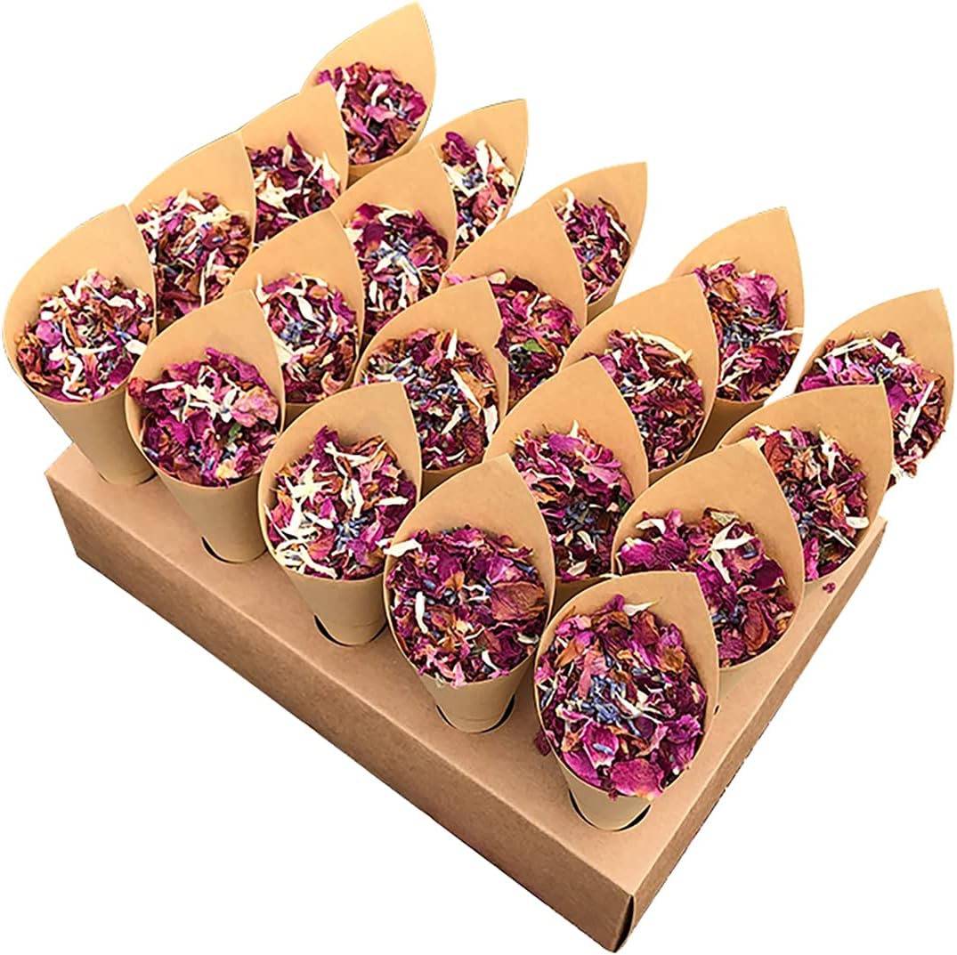 Natural Wedding Confetti Set Include 1 Pcs Cone Stand Box Tray with 20 Holes, 1 Bag Natural Biodegradable Confetti for 20 Cones, 1 Small Bag Natural Lavender, 1 Roll Tape and 20 Pcs Cones