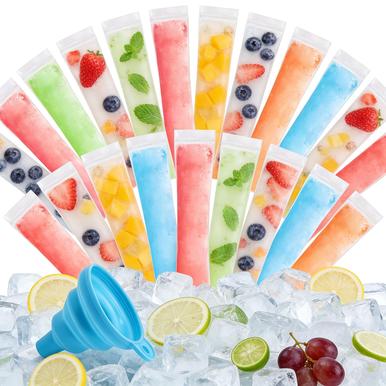 200 Pcs Ice Pop Moulds Set, Reusable Ice Pop Bags with a Folding Funnel, Ideal for Homemade Frozen Treats and Outdoor Refreshments, Convenient Popsicle Pouches for Daily Use