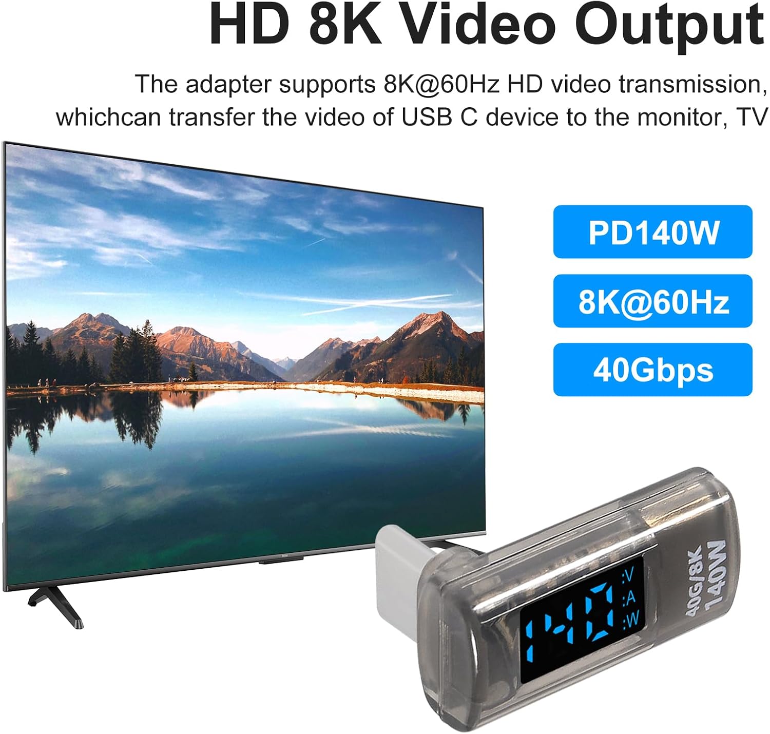 3Pack USB C Adapter with Digital Display, PD 140W 40Gbps USB4.0 Type-CUSB-C Male to Female Connector for iPad, MacBook, Support Voltage, Current and Power Smart LED Display (Transparent)