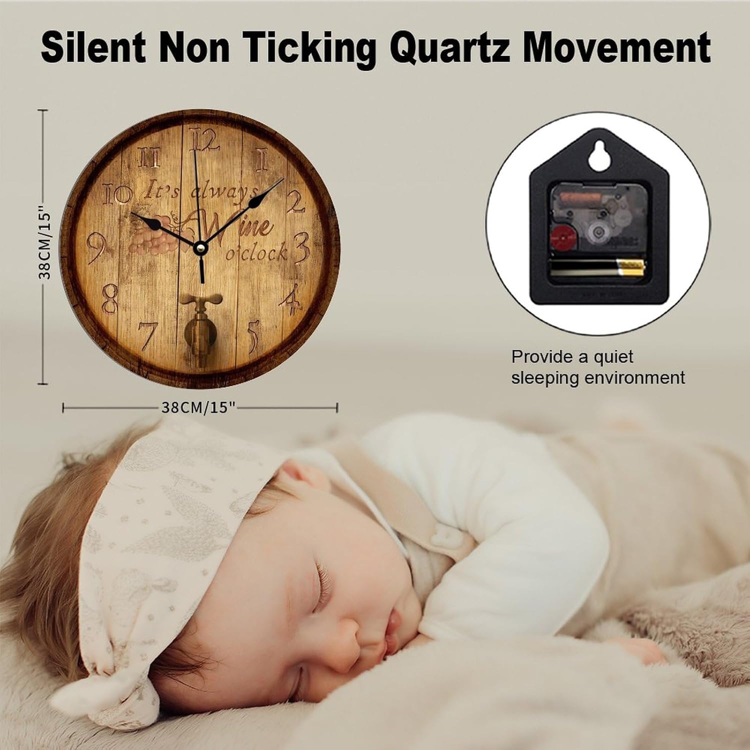 Wine Wall Clock 15x15 Inches Farmhouse Kitchen Decor Gifts Farmhouse PVC Clocks Silent Non-Ticking Battery Operated Rustic Wall Hanging Round PVC Clock for Bedroom Outdoor School