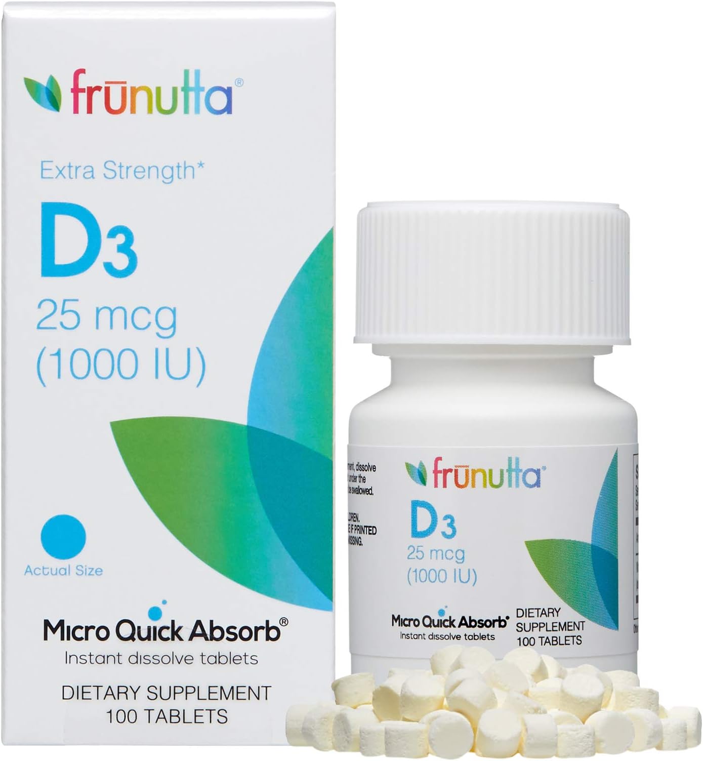Frunutta Vitamin D3 1000 IU Under The Tongue Instant Dissolve Tablets - 25 mcg x 100 Tablets - for Stronger Bones, Muscles and Immune System - Dietary Supplement- Non-GMO, Gluten Free