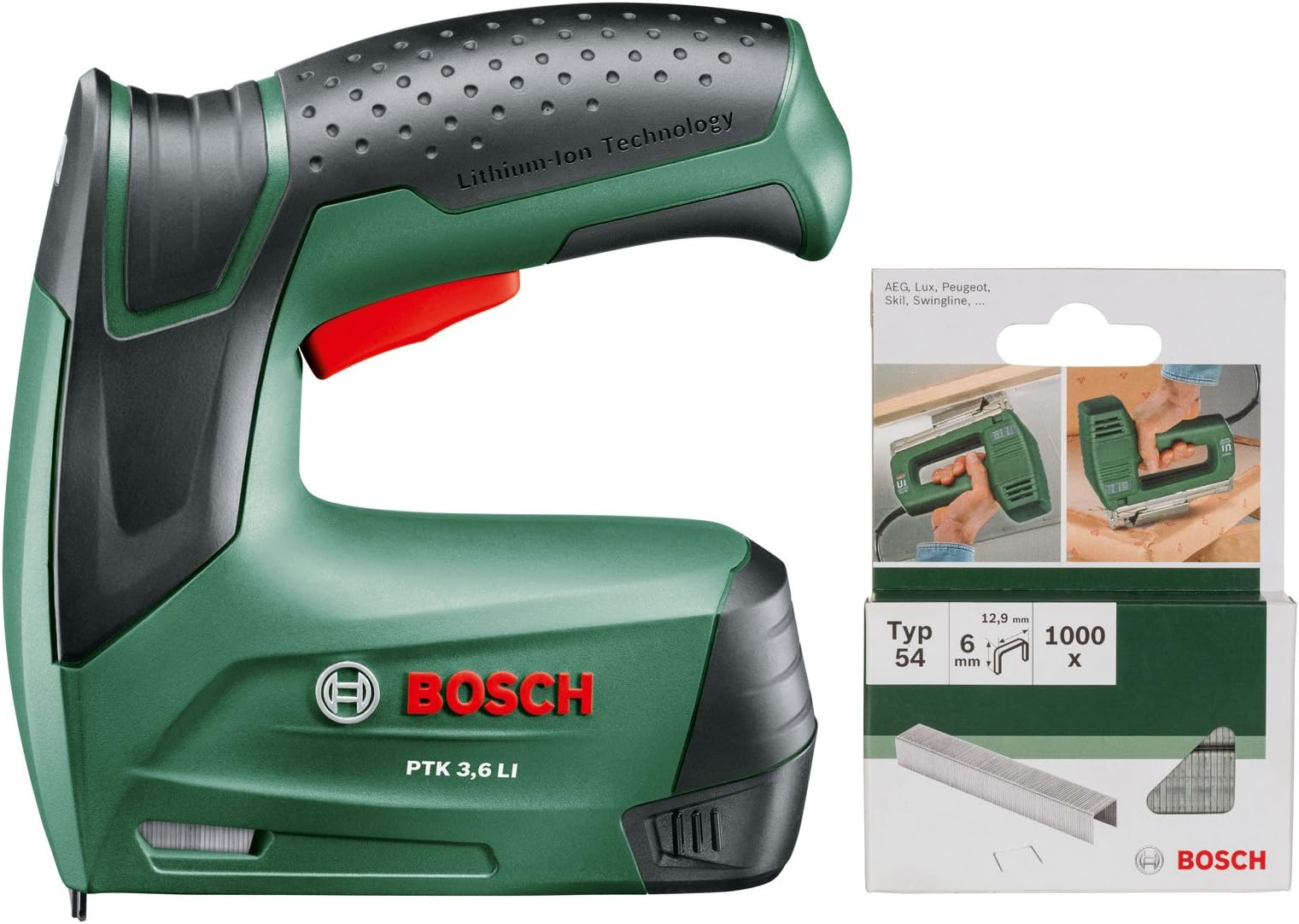 Bosch 0615991Eu8 Ptk 3.6 Li + 1000 Flatwire Staples 8Mm Type 53, Green