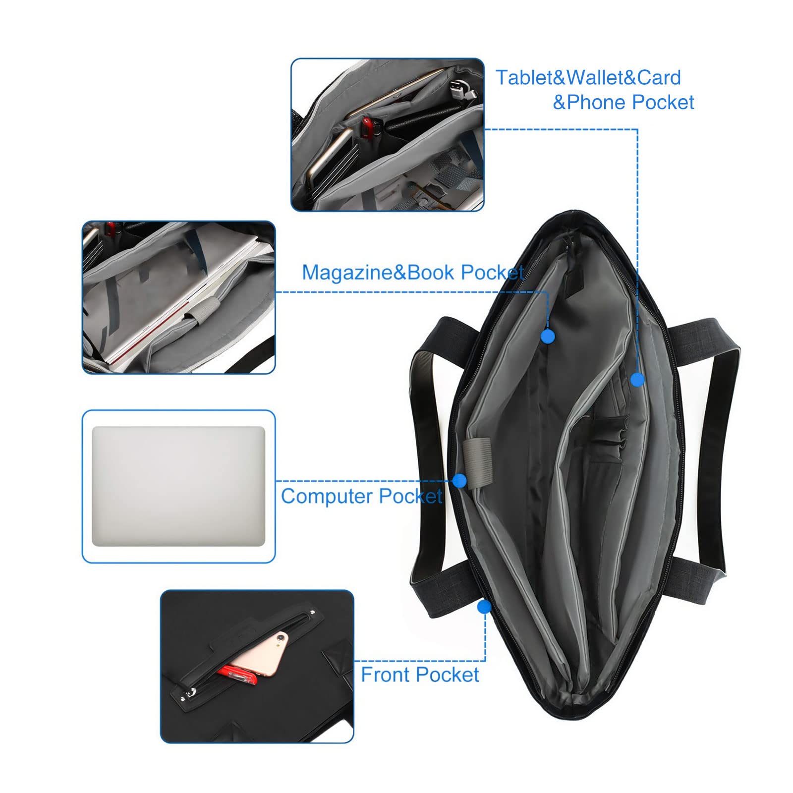 MOSISO Laptop Tote Bag (17-17.3 inch), Lightweight PU & Polyester Women Work Travel Shopping Carrying Shoulder Handbag with Compartment, Black