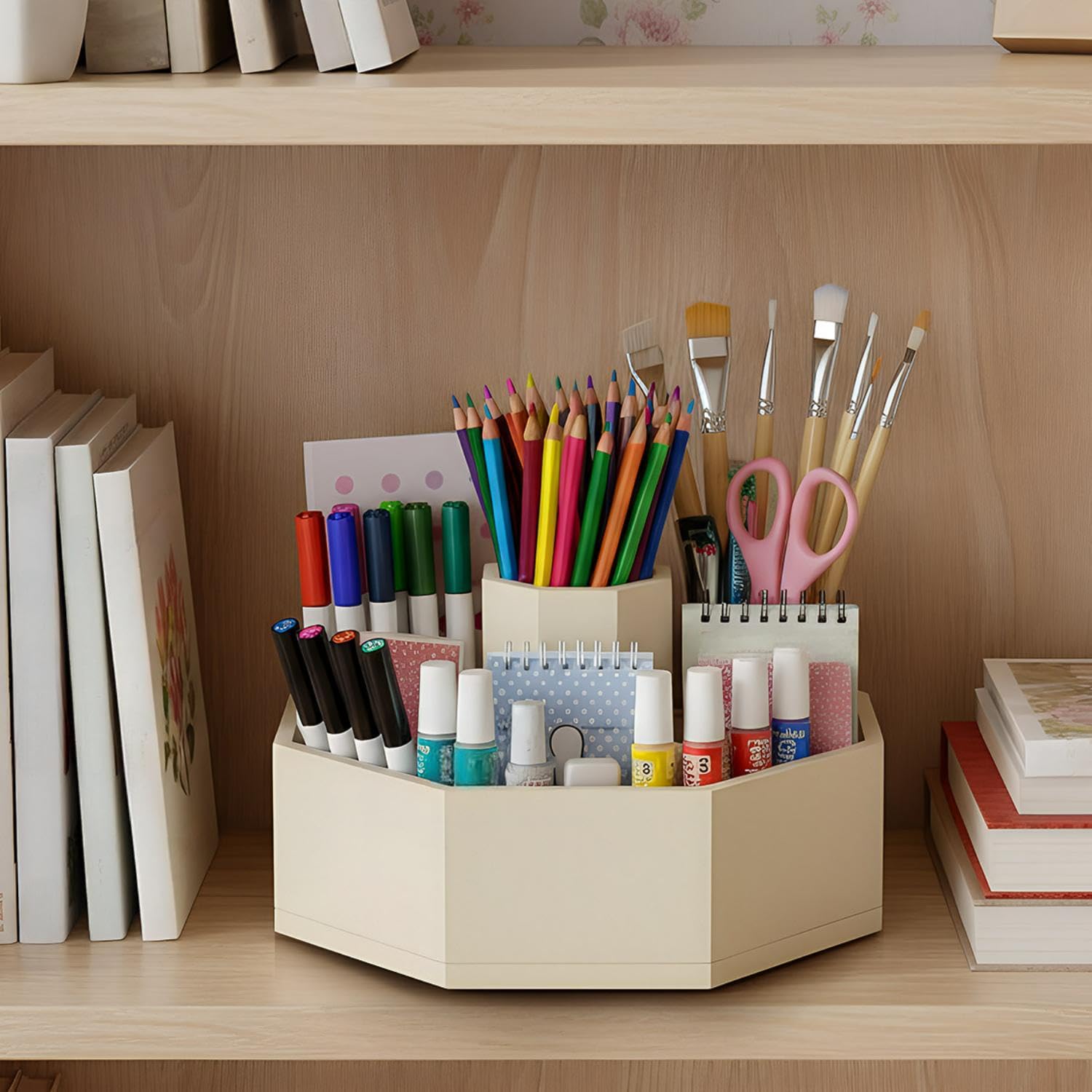 Drehbarer Stifthalter aus Bambus, Kunstbedarf, Organizer, Schreibtisch, 360° drehbar, Pastellstifte, Organizer für Schreibtisch-Aufbewahrung, Buntstifte, Pinsel (Beige)