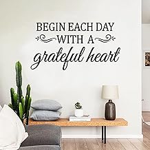 Wall Decals for Living Room, Family Wall Stickers, (Easy to Install), Art Decor Vinyl Quotes Bedroom Bathroom Kitchen Dining Room Office Workplace Playroom Classroom School Inspirational Farmhouse Home House Motivational Sign Window Words Saying Black, Begin Each Day With A Grateful Heart 21"X11"