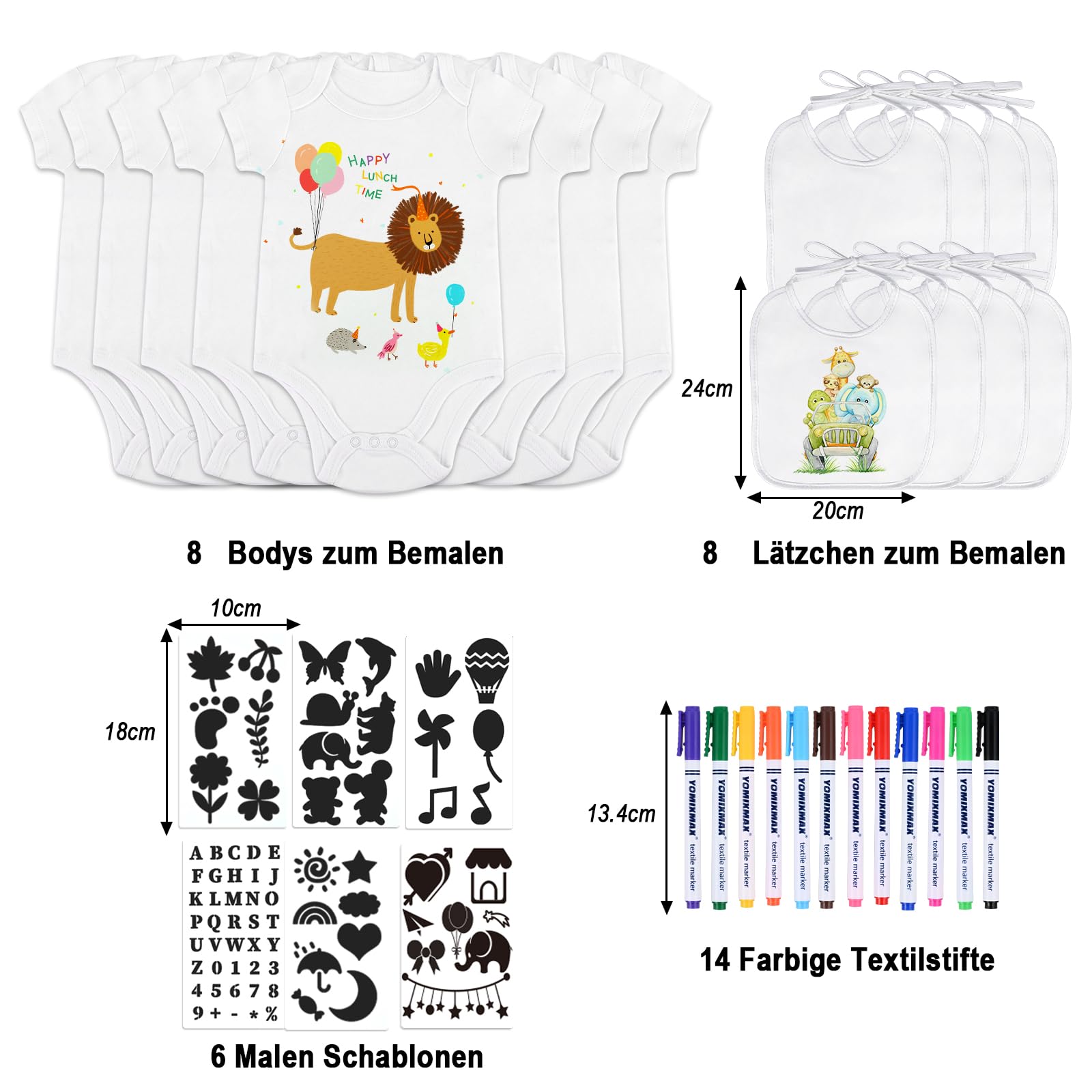 Tigvio Bavoir à peindre, pour fête prénatale, avec body à manches courtes (38 x 21 cm) + 14 stylos textiles colorés + 5 pochoirs pour fête prénatale, grenouillère pour bébé