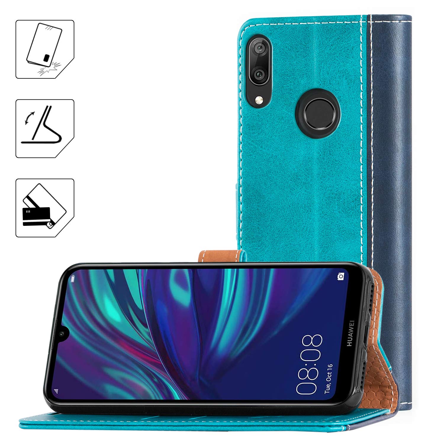 Hülle Für Huawei Y7 2019 – Leder-Etui Mit Kartenfach & Magnetverschluss | Stilvoll In Mintblau