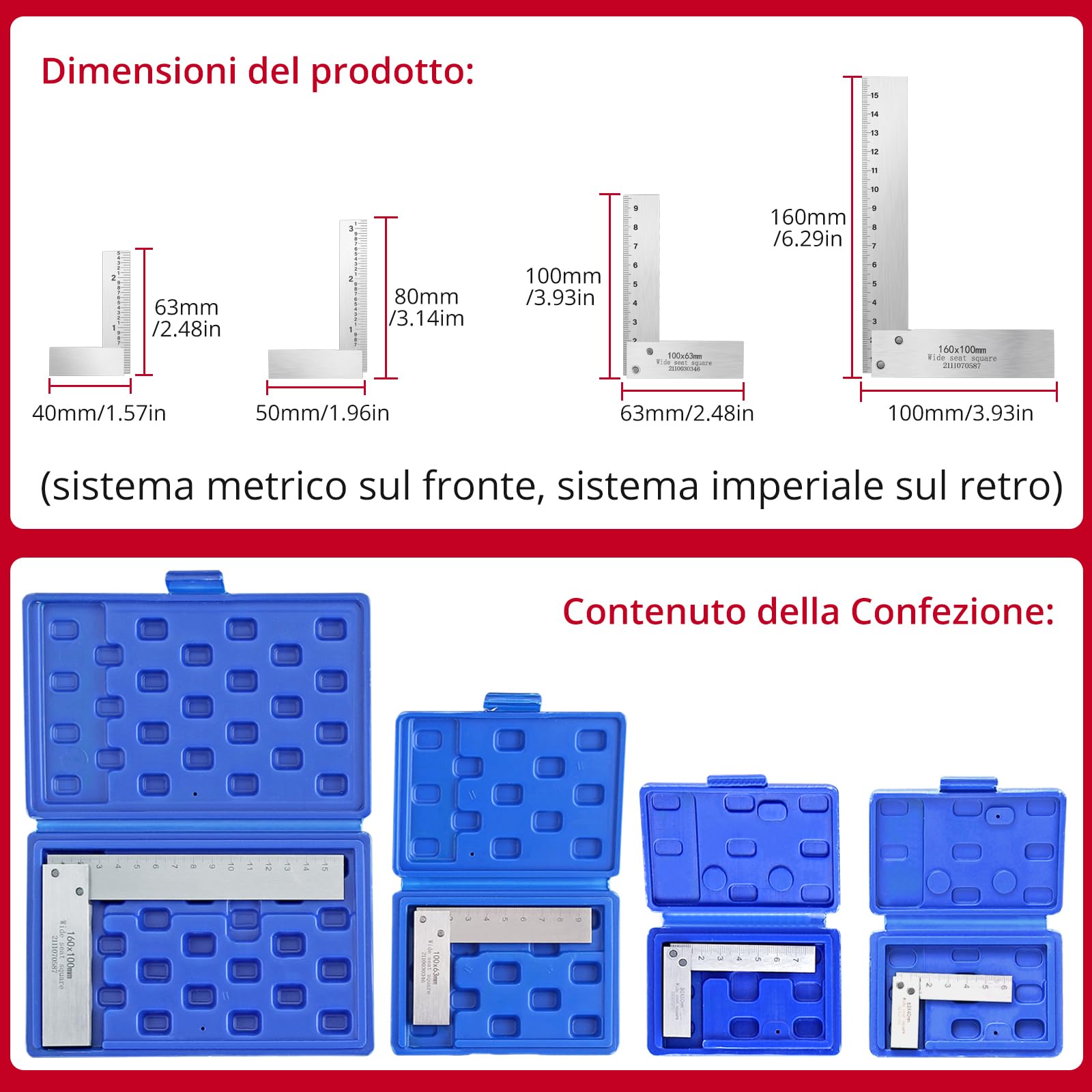XUNTOP Engineer Square Set 4pz Squadra ad Angolo Retto in Acciaio 63X40mm 80x50mm 100x63mm 160x100mm Righello Squadretta di Posizionameto 90° Scala Metrica e Imperiale con Scatola Plastica