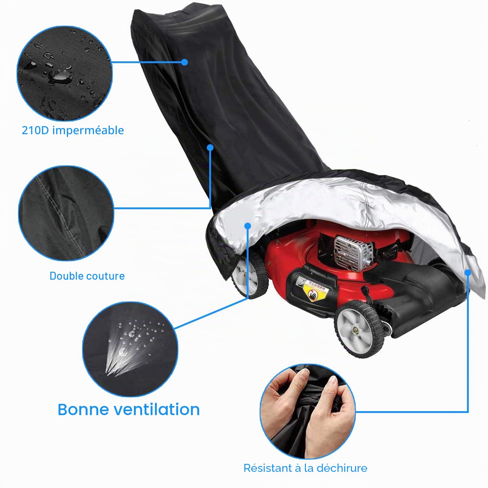 Housse de protection pour tondeuse à gazon 193 x 64 x 112 cm - 210D Oxford - Imperméable, anti-UV, anti-poussière et résistant aux intempéries