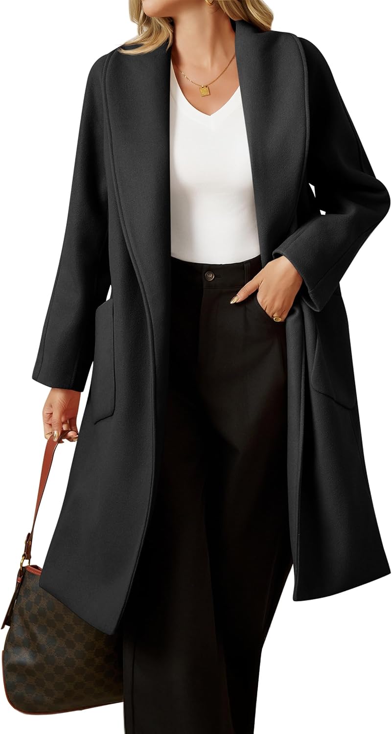 Cicy Bell Womens Open Front Pea Coats Classic Lapel Long Trench Coats Loose Fall Winter Outwear with Pockets